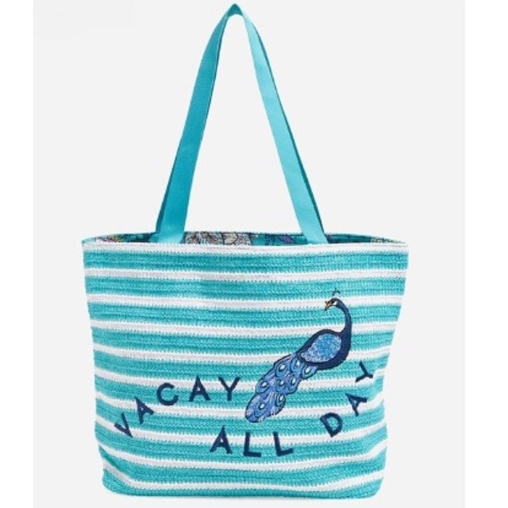 Vera Bradley Straw Tote in Peacock Garden~NWT